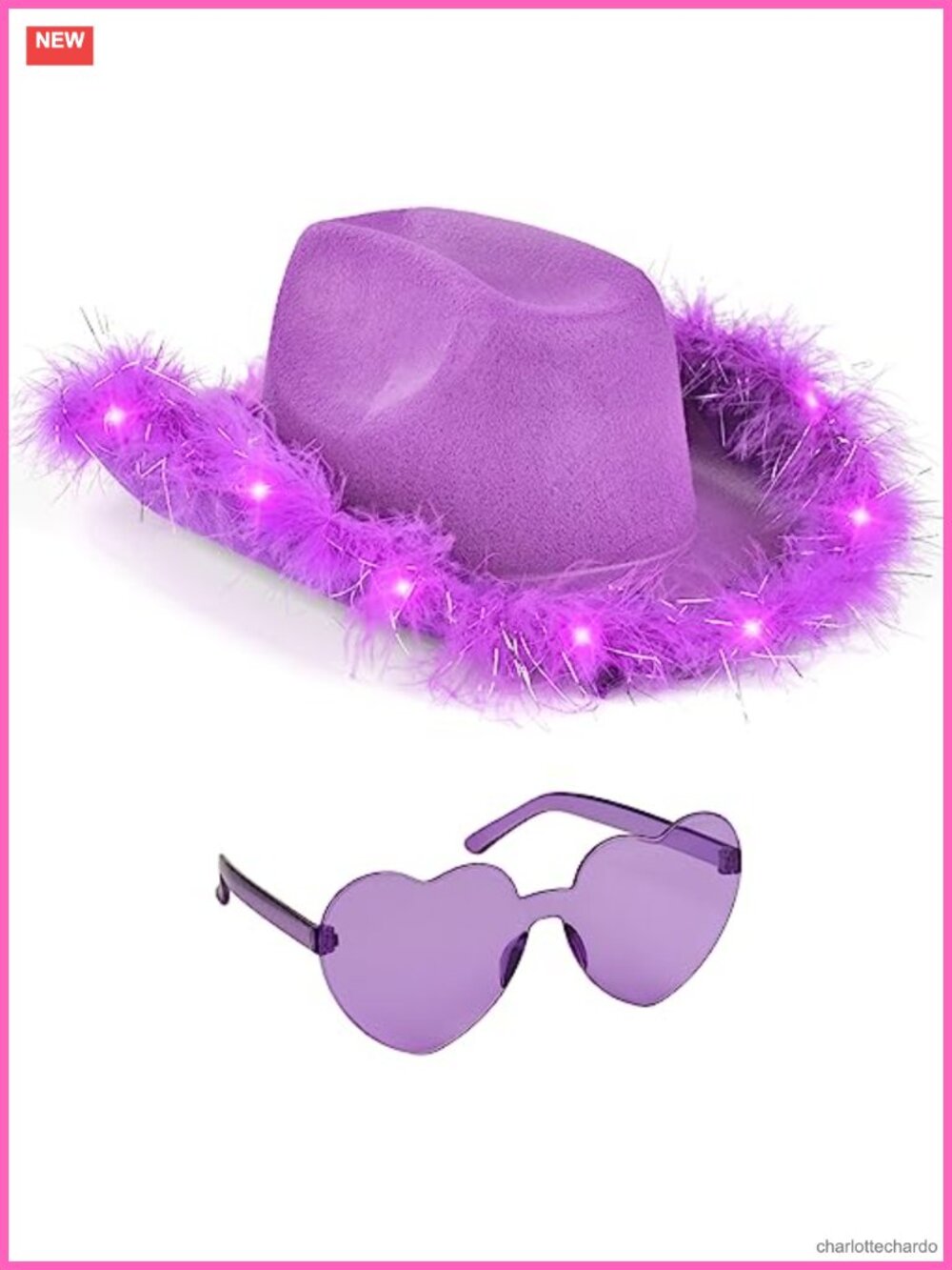LED Light Up Cowboy Hat & Heart Glasses Set Feathered Adult Cowgirl Costume
